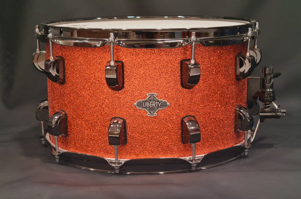 14x8" Liberty Drums Snare drum in a stunning orange sparkle metal flake lacquer